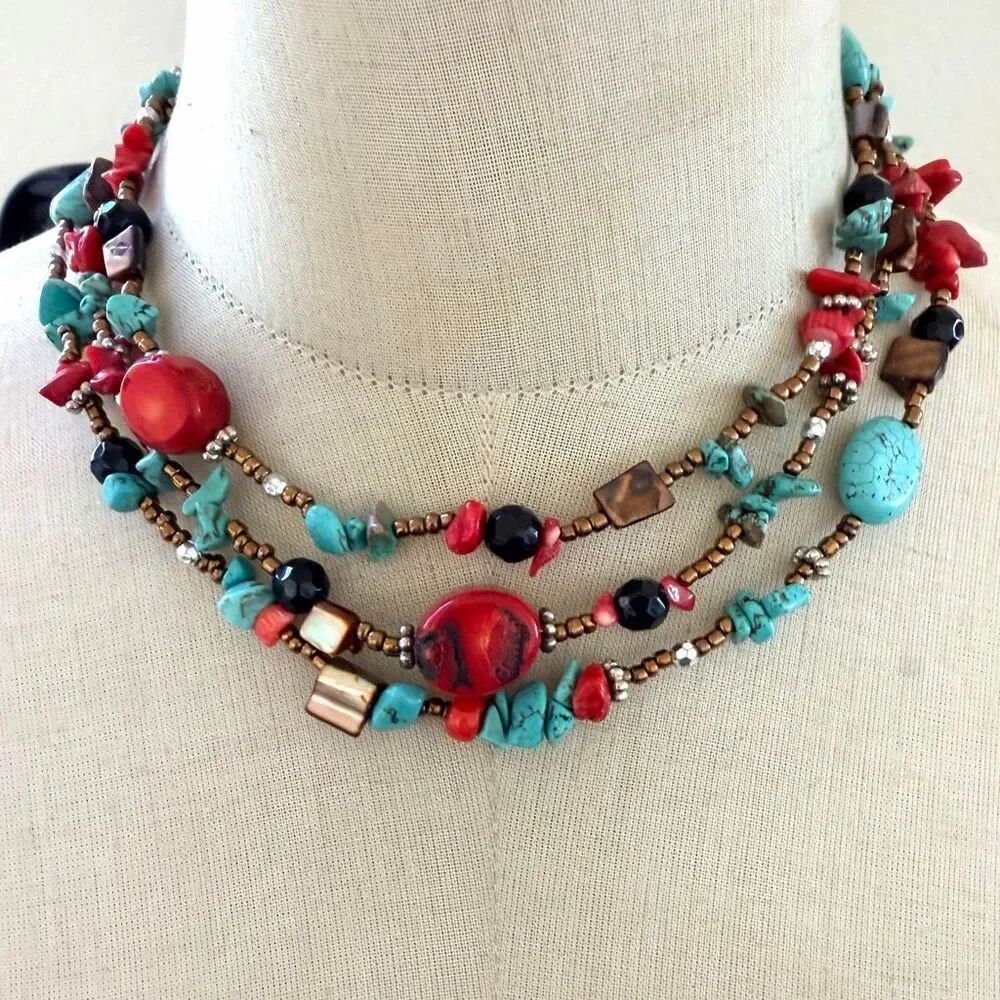 Boho Multi Strand Necklace Turquoise Coral Beaded Statement Layered